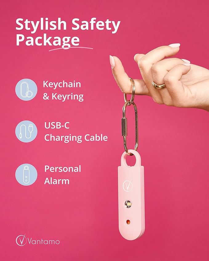 Vantamo Personal Alarm for Self Defense with Low Battery Notice, Strobe Light & Extra Loud 130 dB Double Speakers Safety Keychain Set for Women, Rechargeable Panic Button for Womens Self Defense