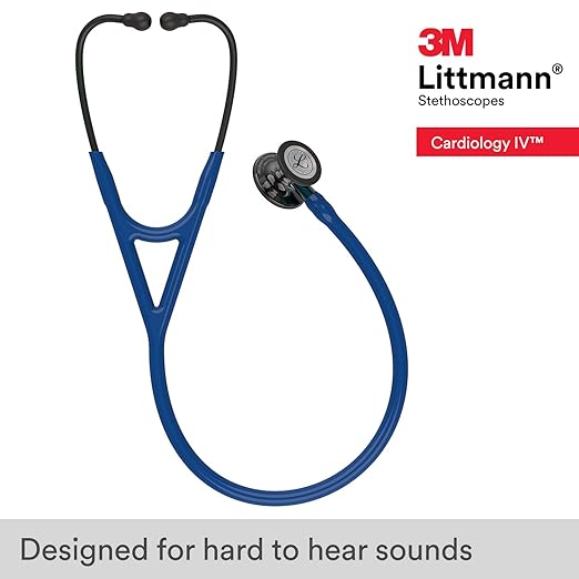 3M Littmann Cardiology IV Diagnostic Stethoscope, 6202, More Than 2X as Loud, Weighs Less, Stainless Steel High Polish Smoke-Finish Chestpiece, 27" Navy Tube, Blue Stem, Black Headset
