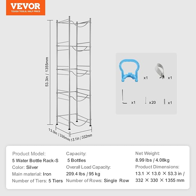 VEVOR 5 Gallon Water Jug Holder, 5 Tiers Water Bottle Holder, Heavy Duty Water Bottle Rack with 5 Slots, Detachable Water Jug Stand for Kitchen, Office, Living Room- Silver