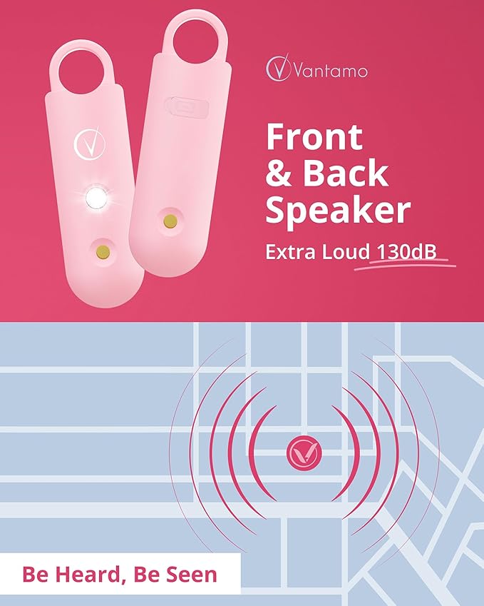 Vantamo Personal Alarm for Self Defense with Low Battery Notice, Strobe Light & Extra Loud 130 dB Double Speakers Safety Keychain Set for Women, Rechargeable Panic Button for Womens Self Defense