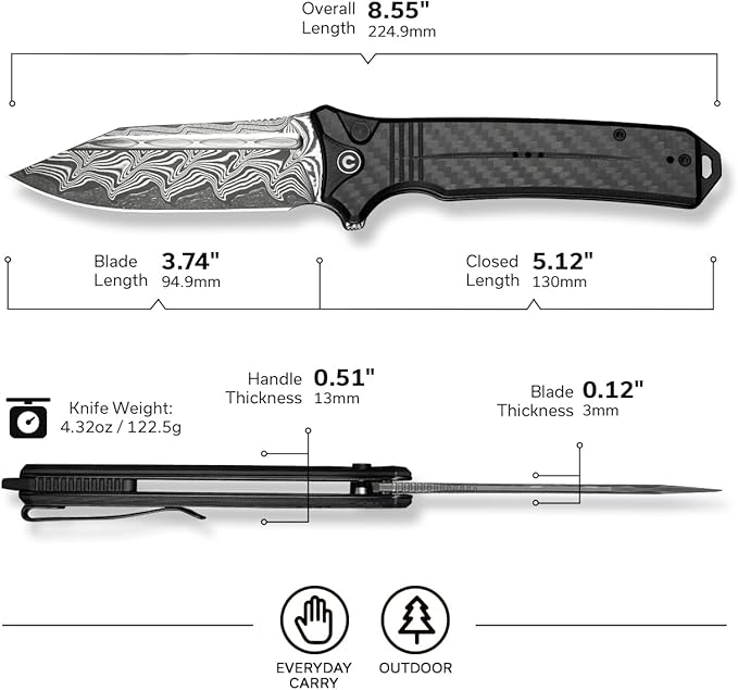CIVIVI Neurohaptic Pocket Knife for EDC, Folding Knife with 3.74'' Damascus Blade Carbon Fiber & G10 Handle, Reversible Clip, Gift for Men Women C23080-DS1