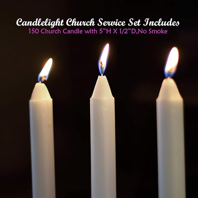 150 Church Candles with Drip Protectors for Devotional Candlelight Vigil Service, Box of 150 Candles, Unscented White 5" H X 1/2" D, No Smoke