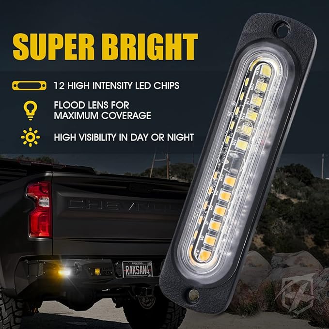 Xprite White Amber 12 LED Emergency Strobe Lights Kit Surface Flush Mount Side Marker Grill Grille Hazard Warning Flashing Light Head for Off-Road Vehicles ATV Trucks Cars - 8PCS