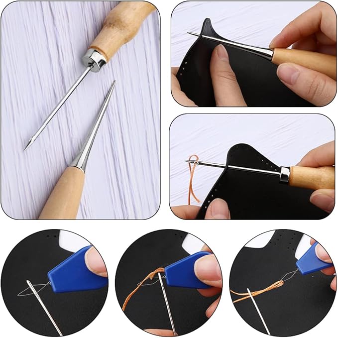 Yizzvb 46 Pcs Leather Stitching Sewing Kit,Sewing Tools Kit with 4mm Lacing Stitching Chisel, Waxed Thread and Large-Eye Needles for Leather Craft Projects DIY Sewing Work