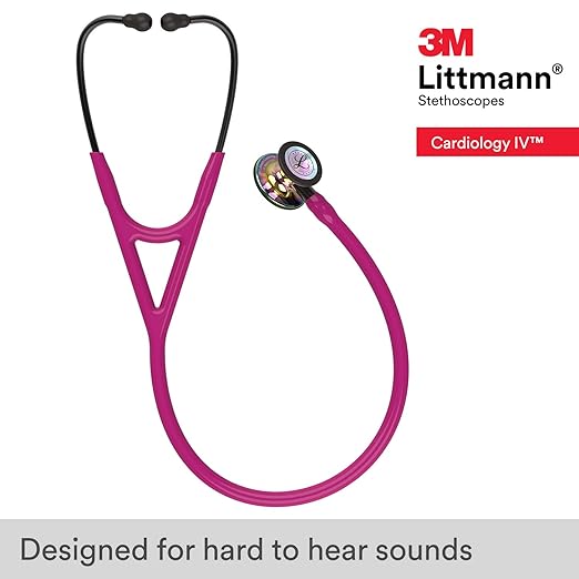 3M Littmann Cardiology IV Diagnostic Stethoscope, 6241, More Than 2X as Loud, Weighs Less, Stainless Steel High Polish Rainbow-Finish Chestpiece, 27" Raspberry Tube, Smoke Stem, and Headset