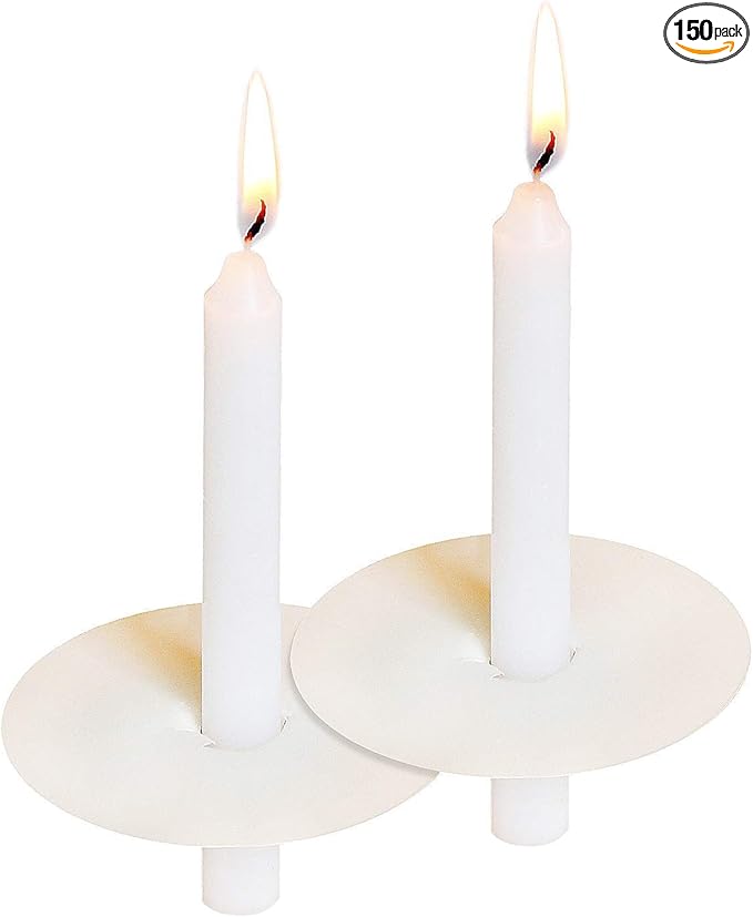 150 Church Candles with Drip Protectors for Devotional Candlelight Vigil Service, Box of 150 Candles, Unscented White 5" H X 1/2" D, No Smoke