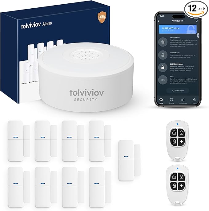tolviviov Home Alarm System(2nd Gen), 12 Pieces Smart Home Alarm Security System DIY No Monthly Fee, Phone Alert, Alarm Siren, Door/Window Sensors, Remotes, Work with Alexa, for House Apartment Office