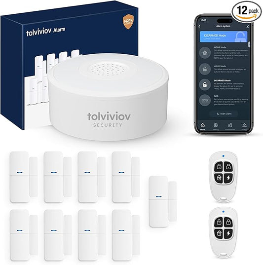 tolviviov Home Alarm System(2nd Gen), 12 Pieces Smart Home Alarm Security System DIY No Monthly Fee, Phone Alert, Alarm Siren, Door/Window Sensors, Remotes, Work with Alexa, for House Apartment Office