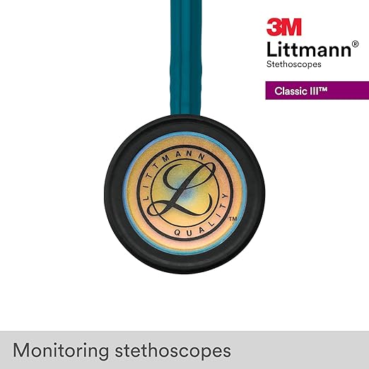 3M Littmann Classic III Monitoring Stethoscope, 5807, More Than 2X as Loud, Weighs Less, Stainless Steel Rainbow-Finish Chestpiece, 27" Caribbean Blue Tube, Brass Stem and Headset