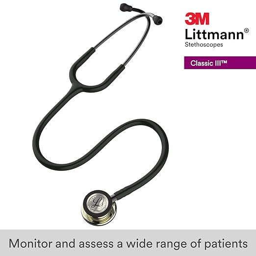3M Littmann Classic III Monitoring Stethoscope, 5861, More Than 2X as Loud, Weighs Less, Stainless Steel Champagne-Finish Chestpiece, 27" Black Tube, Smoke Stem, and Headset