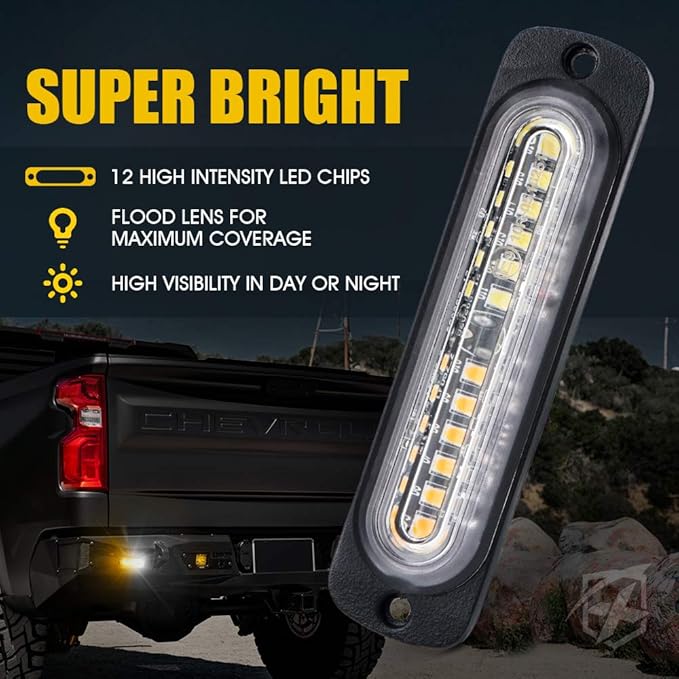 Xprite Amber/White 12 LED Emergency Strobe Lights Kit Surface Flush Mount Side Marker Grill Grille Hazard Warning Flashing Light Head for Off-Road Vehicles ATV Trucks Cars - 4Pcs