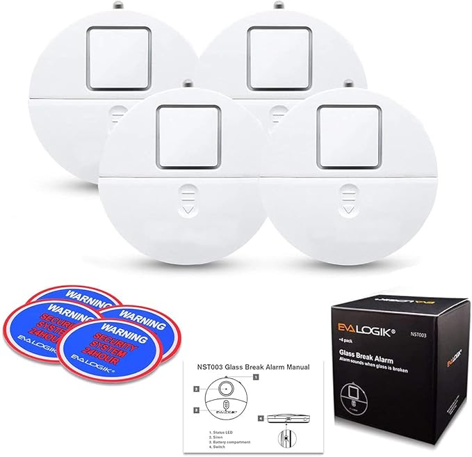 Window Alarm System 4-Pack - Ultra-Loud 120dB Alarms with Advanced Vibration Sensors - Window Security Alarms for Glass Break Detection - Features Low Battery LED Indicator