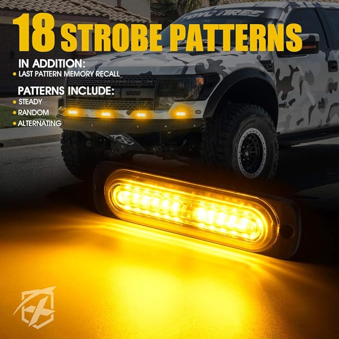 Xprite Amber 12 LED Emergency Strobe Lights Kit Surface Flush Mount Side Marker Grill Grille Hazard Warning Flashing Light Head for Off-Road Vehicles ATV Trucks Cars - 4Pcs