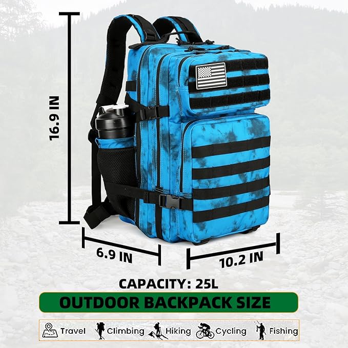 25L Tactical Backpack Military Tactical Backpack for Men and Women Small Assault Pack Outdoor Travel Hiking Camping Rucksack with Molle Webbing (Blue Water Pattern)