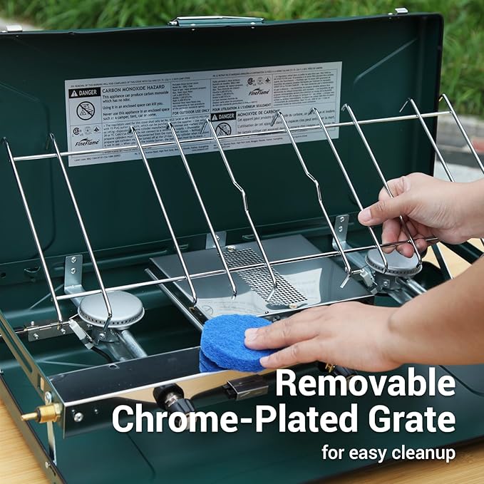 Camping Stove, 3 Burners Propane Portable Camp Stove with Regulator, Push-Button Instant Ignition, Adjustable Burners & Wind Guards for Car BBQ Picnics Outdoor Cooking (GREEN-20400 BTUs)