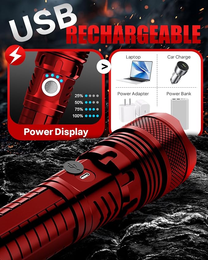Victoper Red LED Flashlights, High Powered High Lumens Super Bright Tactical Flashlight, Rechargeable, 5 Modes Zoomable Waterproof Flash Lights for Emergency, Outdoor, Home, Camping, Hiking