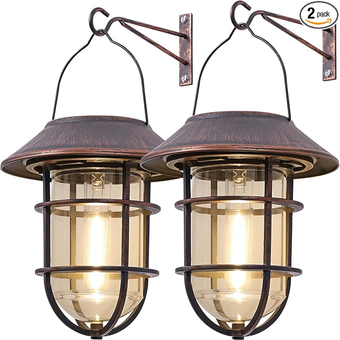 Upgrade Hanging Solar Outdoor Lights With Wall Mount Kit - Waterproof Lanterns for Garden, Patio, Porch, Fence Decor - 2 Pack, Bronze