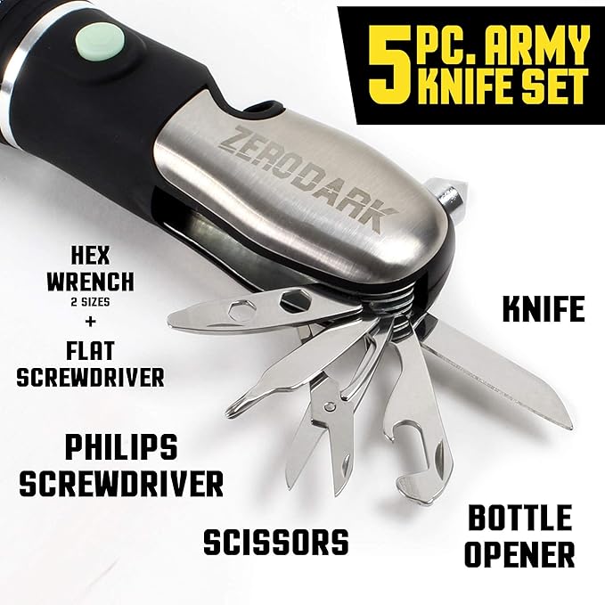 ZeroDark Pocket Knife Flashlight Multitool Emergency Car Kit with Car Window Breaker Seatbelt Cutter - 10-in-1 Car Escape Tool with Swiss Army Knife, Batteries Included