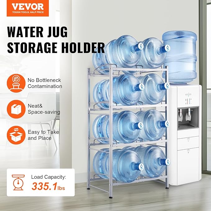 VEVOR 5 Gallon Water Jug Holder, 4 Tiers Double Row Heavy Duty Water Bottle Rack with 8 Slots, Detachable Water Jug Stand for Kitchen, Office, Living Room- Silver