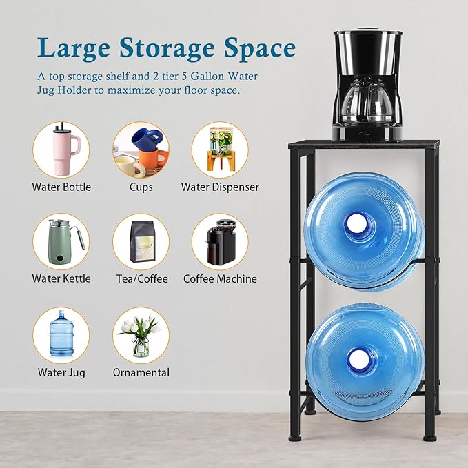 Water Jug Holder 5 Gallon Water Bottle Holder Stand With Storage Shelf, 2 Tier 5 Gal Water Jug Storage Rack with 2 Slots for Kitchen Living Room Home Office, Black