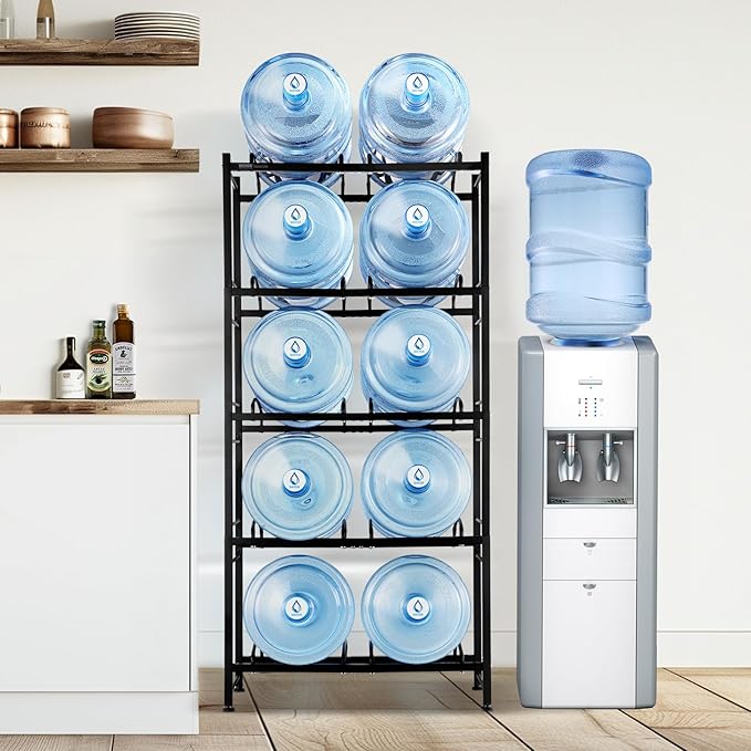 VEVOR 5 Gallon Water Jug Holder, 5 Tiers Double Row Heavy Duty Water Bottle Rack with 10 Slots, Detachable Water Jug Stand for Kitchen, Office, Living Room- Black