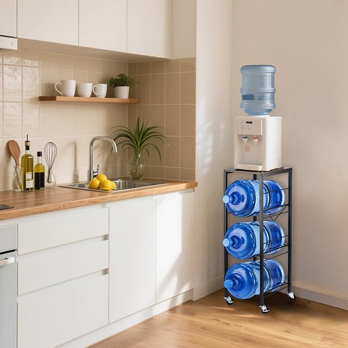 5 Gallon Water Jug Holder - 3-Tier Water Jug Rack with Wheel Reinforced X-Shape Design, 5 Gallon Water Jug Stand with Storage Shelves for Kitchen, Living Room, Office