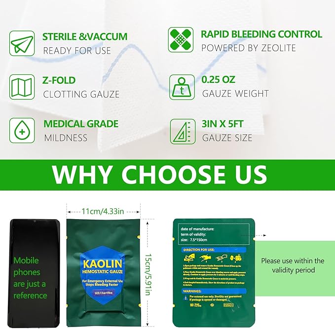Rapid Clotting Hemostatic Gauze 3 inches x 5 feet, Kaolin Infused Bleed Stop and Quick Blood Clotting,Trauma First Aid, Tactical and Emergency Z-Fold Sterile (3)