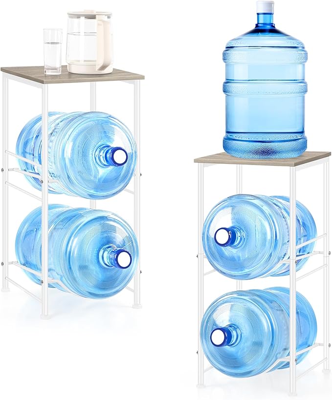 5 Gallon Water Jug Holder Water Cooler Dispenser with Top Shelf, 5 Gal Water Bottle Holder with 2 Slots Metal Frame for Kitchen, Dining Room, Office, Light Grey