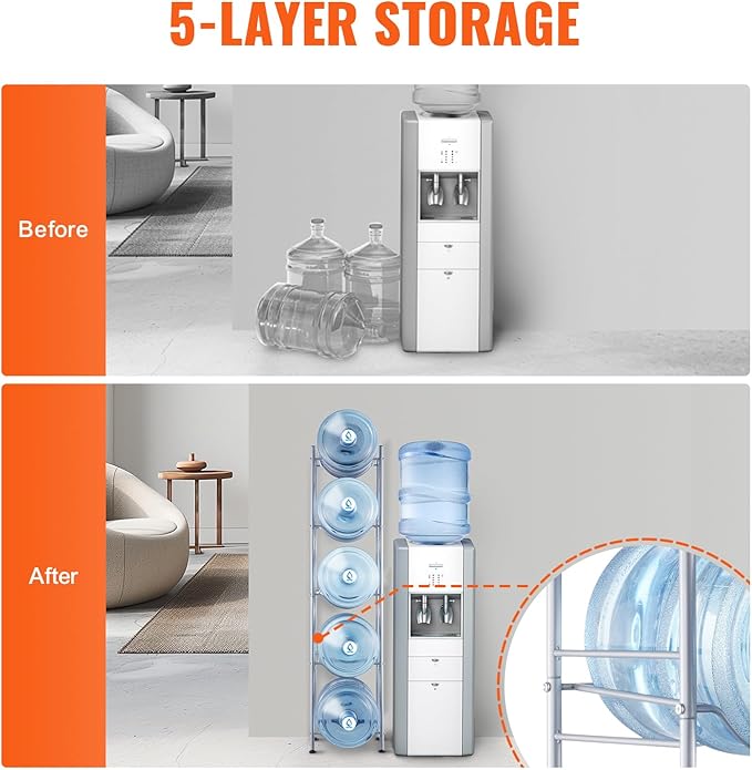 VEVOR 5 Gallon Water Jug Holder, 5 Tiers Water Bottle Holder, Heavy Duty Water Bottle Rack with 5 Slots, Detachable Water Jug Stand for Kitchen, Office, Living Room- Silver