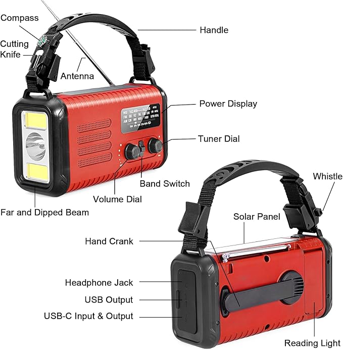 20000mAh / 74000mWh Emergency Radio, Solar Hand Crank Radio AM/FM/NOAA Weather Radio, Battery Powered with Cell Phone Charger, SOS Alarm, Flashlight & Reading Lamp (Red)