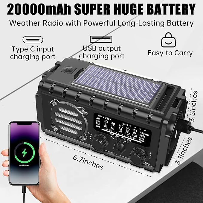 20000mah Emergency Radio, SW/NOAA/AM/FM Weather Radio, Solar Powered Hand Crank Chager with Bige Batery Powered,Portable,Cellphone Charge,SOS,Flashlight for Emergency/Home (Black)