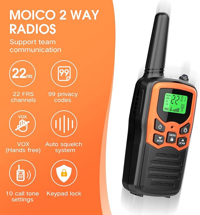 Walkie Talkies with 22 FRS Channels MOICO Walkie Talkies for Adults with LED Flashlight VOX Scan LCD Display, Long Range Family Radios for Hiking Camping Trip (Orange, 4 Pack)
