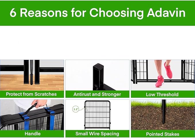 ADAVIN Garden Fencing 24 Inch High, Low Threshold Gate, 8 Panels Total 19.7 Ft(L), Temporary Fences for Dogs Outdoor, Fencing for Garden Beds, Black Metal Decorative Flowers Fence, Rabbit Fence