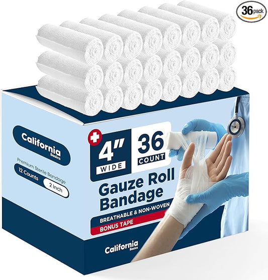 California Basics 36-Pack Gauze Bandage Roll with Tape, 4 Inches x 4 Yards - Soft, Stretchable & Breathable Wrap for Wound Care, First Aid & Medical Supplies - White