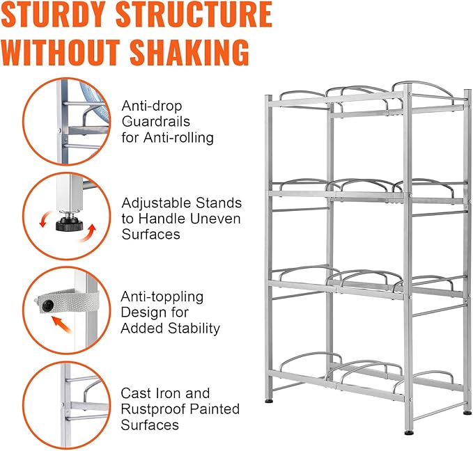 VEVOR 5 Gallon Water Jug Holder, 4 Tiers Double Row Heavy Duty Water Bottle Rack with 8 Slots, Detachable Water Jug Stand for Kitchen, Office, Living Room- Silver