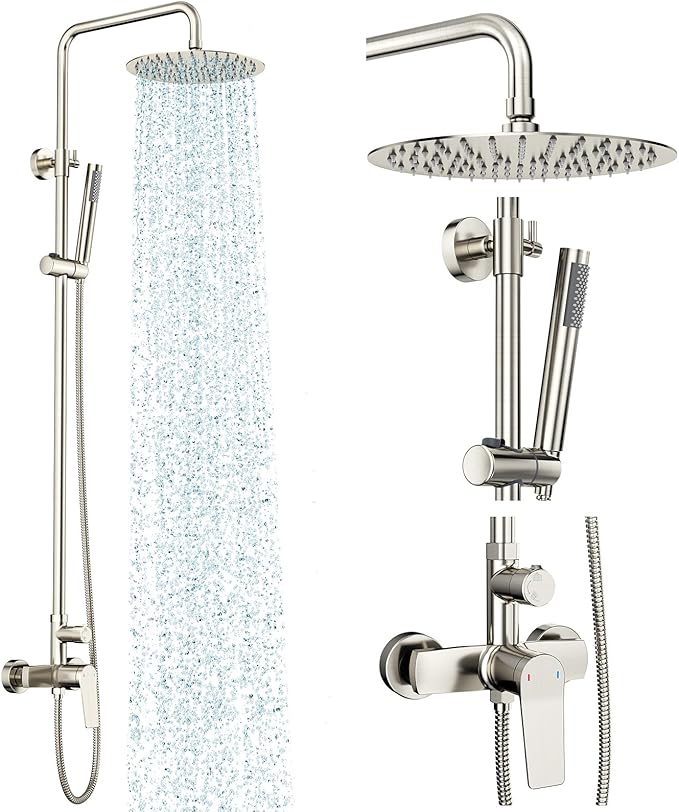 Rainsworth Outdoor Shower Kit Brushed Nickel - Single Handle Brass Valve, 10 Inch Rain Shower Head and Handheld Spray Shower Fixture Combo, SUS 304 Stainless Steel Wall-Mounted Faucet
