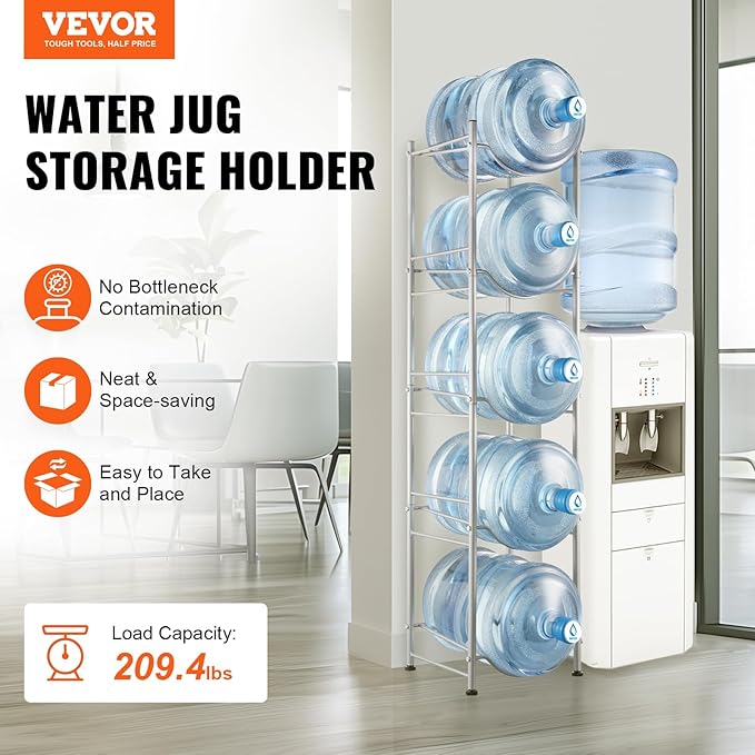 VEVOR 5 Gallon Water Jug Holder, 5 Tiers Water Bottle Holder, Heavy Duty Water Bottle Rack with 5 Slots, Detachable Water Jug Stand for Kitchen, Office, Living Room- Silver