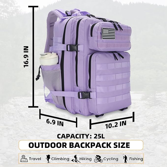25L Tactical Backpack for Men Women Military Backpack Army Assault Pack Molle Backpack Small Bug Out Bag Travel Rucksack Daypack (Light Purple)