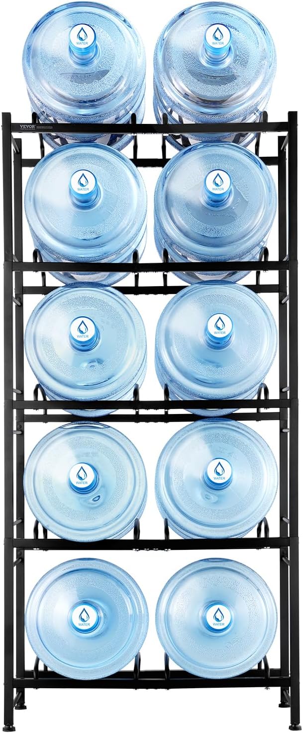 VEVOR 5 Gallon Water Jug Holder, 5 Tiers Double Row Heavy Duty Water Bottle Rack with 10 Slots, Detachable Water Jug Stand for Kitchen, Office, Living Room- Black