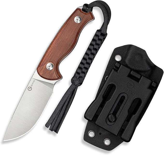 CIVIVI Timberbark Fixed Blade Knife with Kydex Sheath & Clip, 3.2" 14C28N Blade Wood Handle with Lanyard, Ideal EDC Hunting Knife for Outdoor Adventures Camping Hiking C23094-4