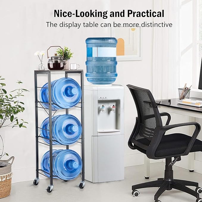 5 Gallon Water Jug Holder - 3-Tier Water Jug Rack with Wheel Reinforced X-Shape Design, 5 Gallon Water Jug Stand with Storage Shelves for Kitchen, Living Room, Office