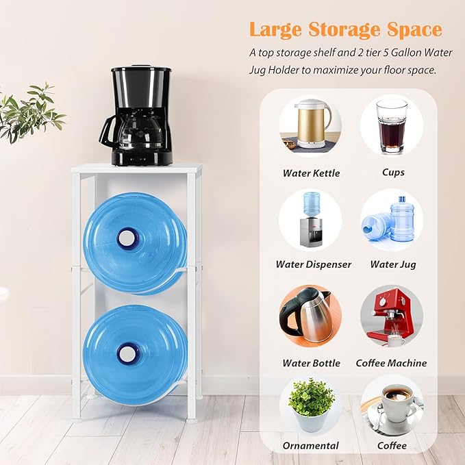 White Water Bottle Holder 5 Gallon Water Jug Holder Stand with Shelf, 5 Gal Water Cooler Jug Rack Water Bottle Storage Organizer for Living Room, Kitchen, Office, Garage