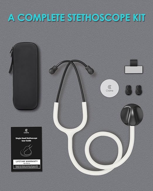 Single Head Stethoscope for Doctors/Nurses/Nursing School Students, Medical and Home Use with Accessories Name Tag, FSA HSA Eligible (White Tube, with EVA Case)
