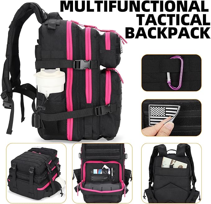 25L Tactical Military Backpack Small Travel Backpack for Men and Women Assault Pack Bug Out Bag Molle Daypack Gym Backpack with Bottle Holder (Black Neon Pink)