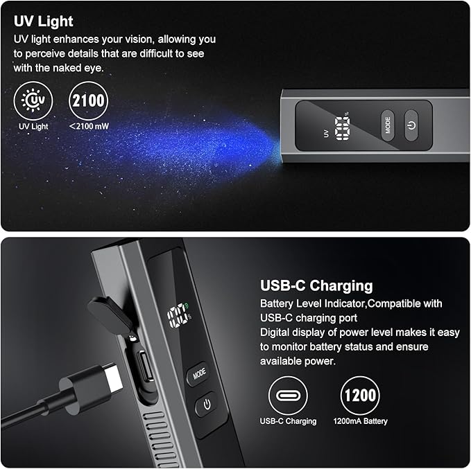 5 in 1 PRO EDC Flashlight Flat with Green Beam, UV Light, 800LM White Light LED Combo, Portable Pocket Flash Lights with Magnet for Outdoors Emergency and Work(Black)