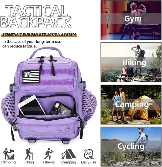 9L Mini Tactical Backpack for Men and Women, Tactical Backpack Small for Hiking, Small Tactical Bag(Light Purple)
