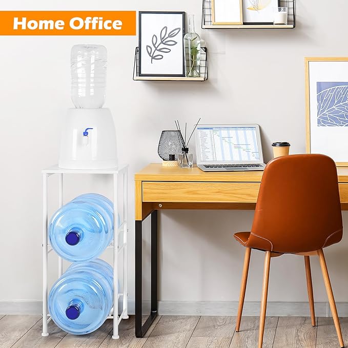 5 Gallon Water Jug Holder Water Dispenser Stand with Top Shelf, 5 Gal Water Bottle Holder with 2 Slots Round Metal Frame for Kitchen, Dining Room, Office, White