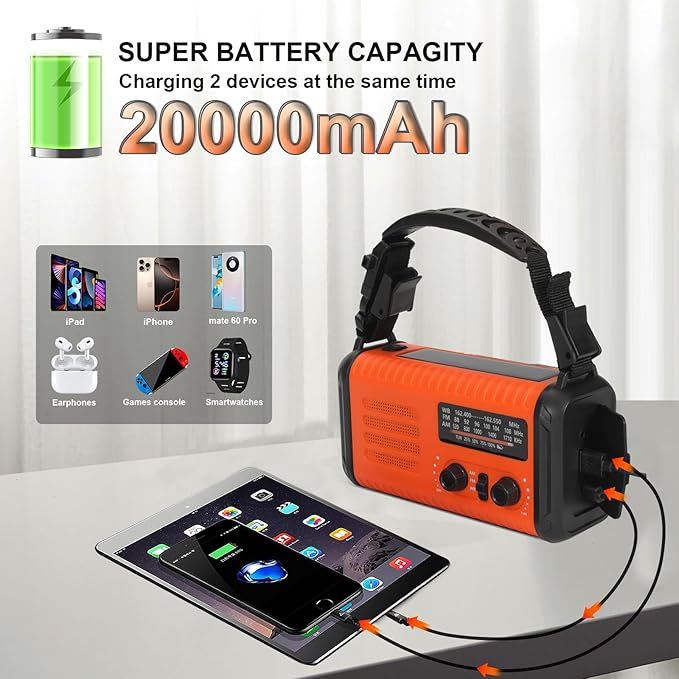 20000mAh / 74000mWh Emergency Radio, Solar Hand Crank Radio AM/FM/NOAA Weather Radio, Battery Powered with Cell Phone Charger, SOS Alarm, Flashlight & Reading Lamp for Emergencies Hurricane Camping