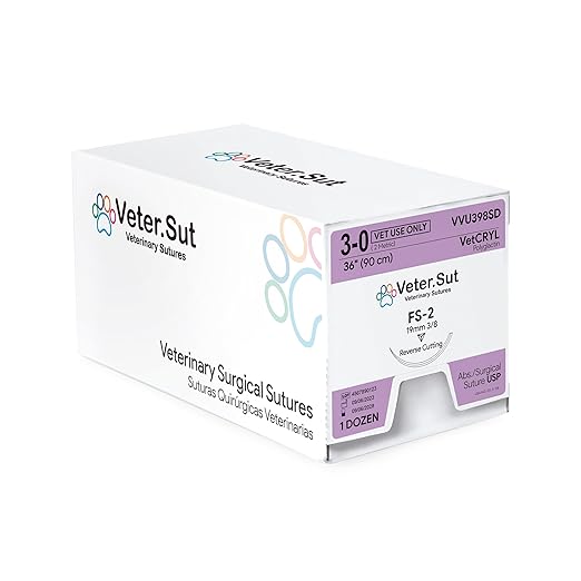 VeterSut VetCRYL Absorbable Surgical Suture USP Size 3-0, (FS-2) 3/8 19mm Reverse Cutting Needle, 36 Inches (90 cm), 12 Count, Veterinary Use