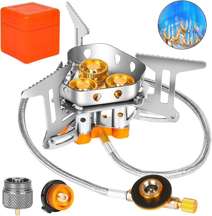 9900W Windproof Camping Gas Stove, Portable Camping Stove with Piezo Ignition, 1LB Propane Tank Adapter, Butane Adapter for Outdoor Cooking, Picnic, Camping and Hiking